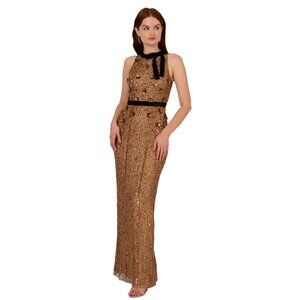 Adrianna Papell Gold Sequin Gown With Black Velvet Bow Neck Detail & Belt Size 6